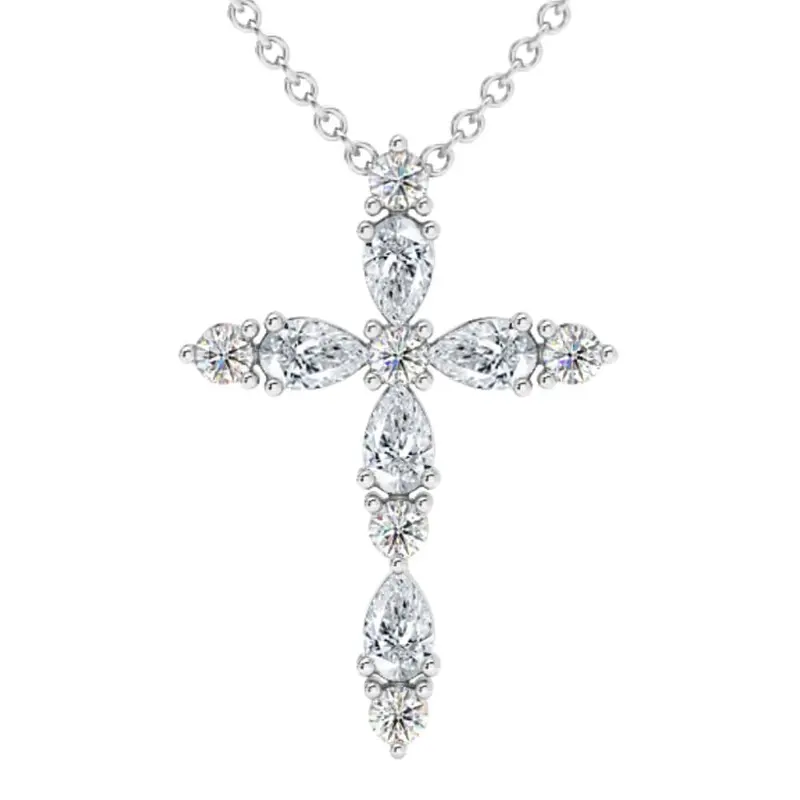 3/4Ct Diamond Cross Round & Pear Shape 14K Gold Necklace Lab Grown 1" Tall 1