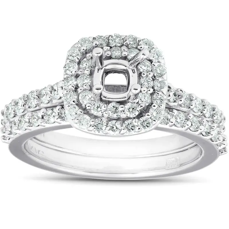 3/4Ct Double Cushion Halo Diamond Engagement Ring Setting Mount 14K White Gold 1