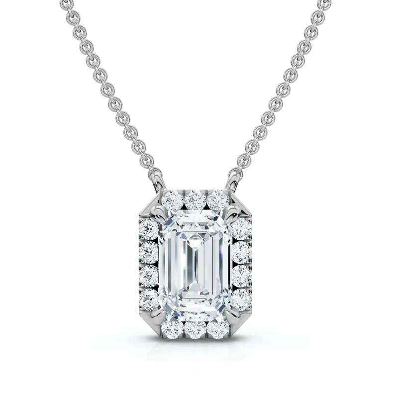 3/4Ct Emerald Cut Diamond Halo Pendant 14K Gold 18" Necklace Lab Grown Ef/Vs 1