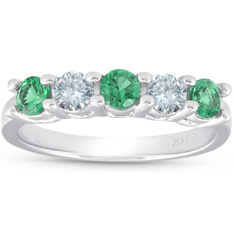3/4Ct Emerald & Diamond 5-Stone Wedding Ring 14K White Gold Size Selectable 1