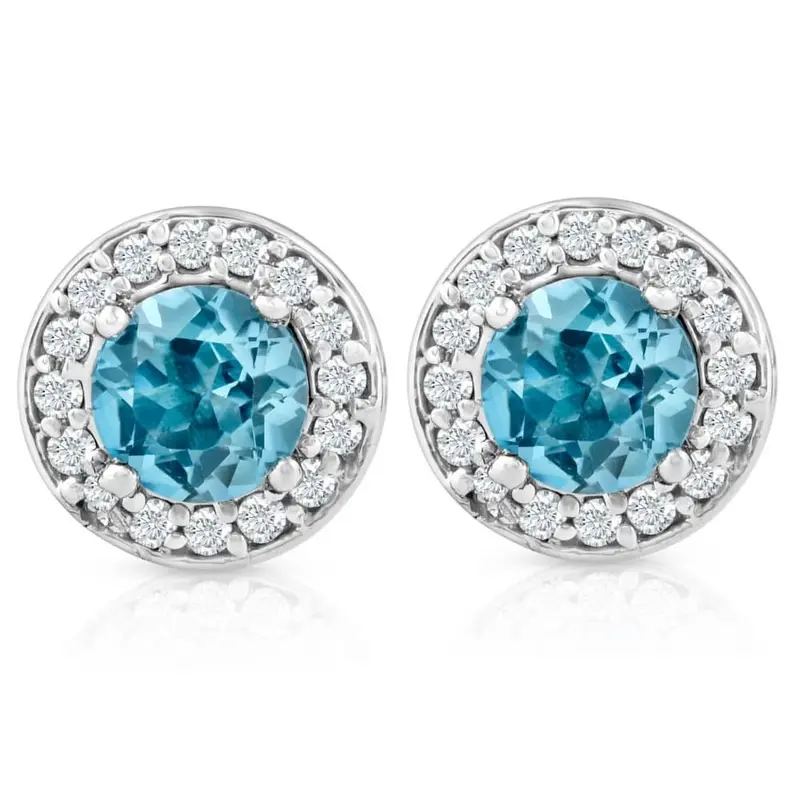 3/4Ct Halo Diamond Blue Topaz Studs 14K White Gold 1