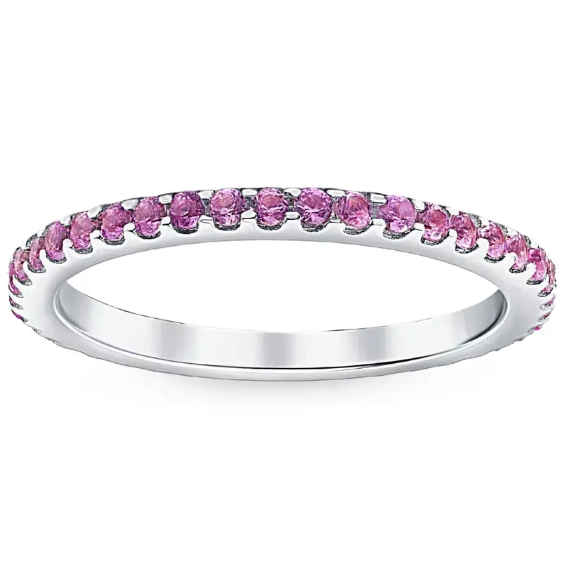 3/4Ct Pink Sapphire Stackable Ring Wedding Band 10K White Gold 1