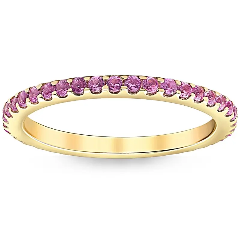 3/4Ct Pink Sapphire Stackable Ring Wedding Band 10K Yellow Gold 1