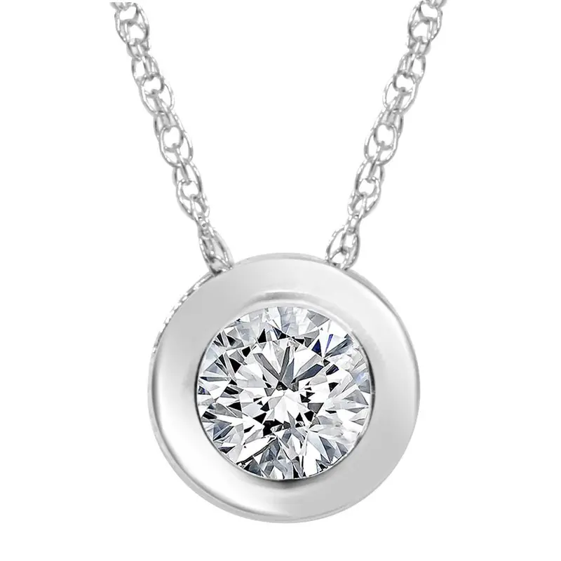 3/4Ct  Round Bezel Solitaire Diamond Pendant Necklace 14K White Gold 1
