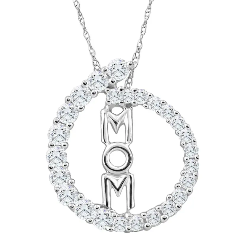 3/4Ct Tw Circle Mom Diamond Pendant Women's 18" White Gold Necklace 10K 1