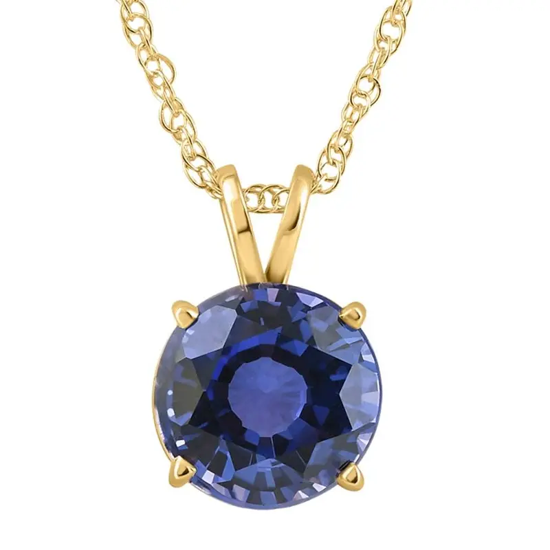3.50Ct Round Blue Sapphire Solitaire Pendant 14K Gold Necklace Lab Grown 9Mm 1