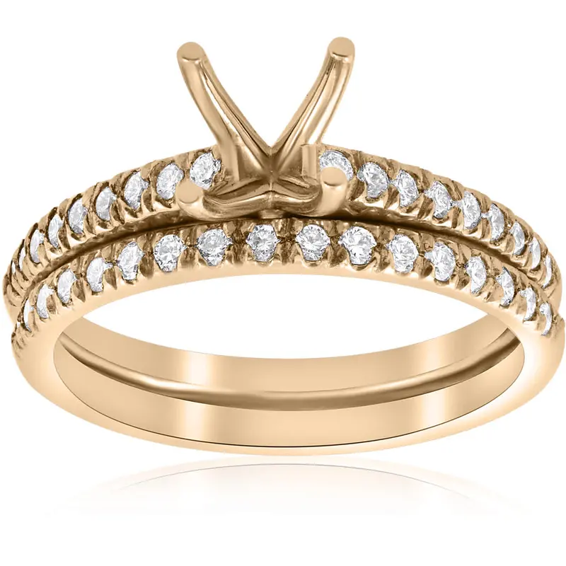 3/8Ct Diamond Engagement Ring Setting & Wedding Band 14K Yellow Gold 1