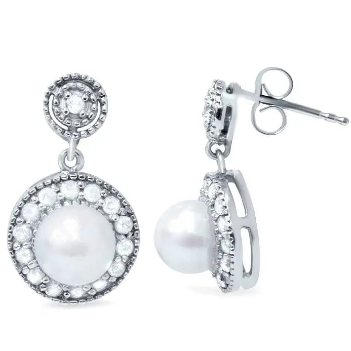 3/8Ct Diamond & Pearl Vintage Gatsby Style Earrings 10K White Gold 1