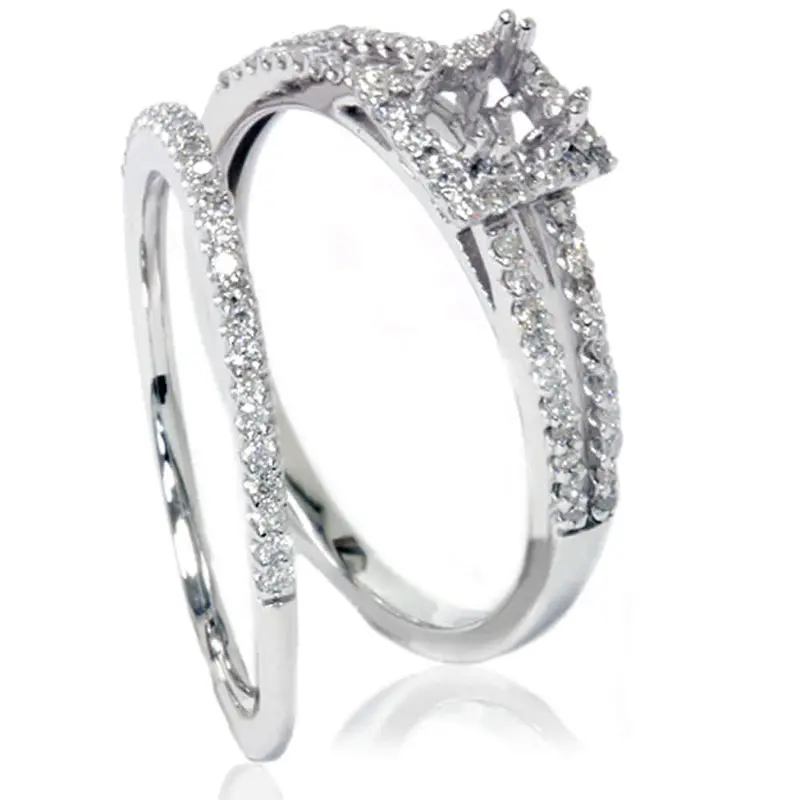 3/8Ct Split Shank Princess Cut Halo Engagement Ring Set Setting 14K White Gold Size Selectable 1