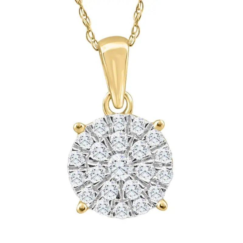 3/8Ct Tw Diamond Halo 9Mm Round Pendant Yellow Gold Women's Necklace 18" 1