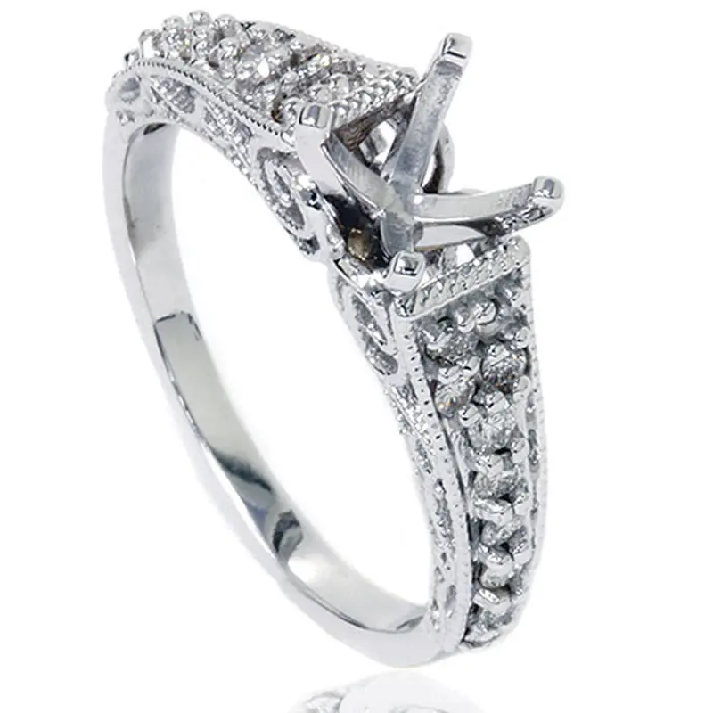 3/8Ct Vintage Diamond Engagement Ring Mount 14K White Gold Size Selectable 1