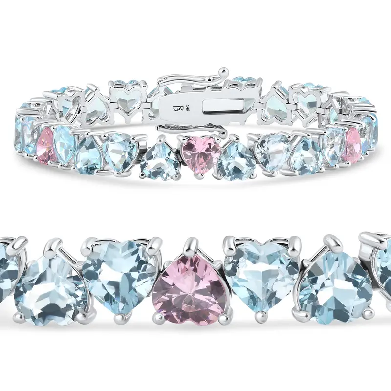34.43Ct Heart Shape Pink & Blue Topaz Tennis Bracelet 14K White Gold 23.51Grams 1