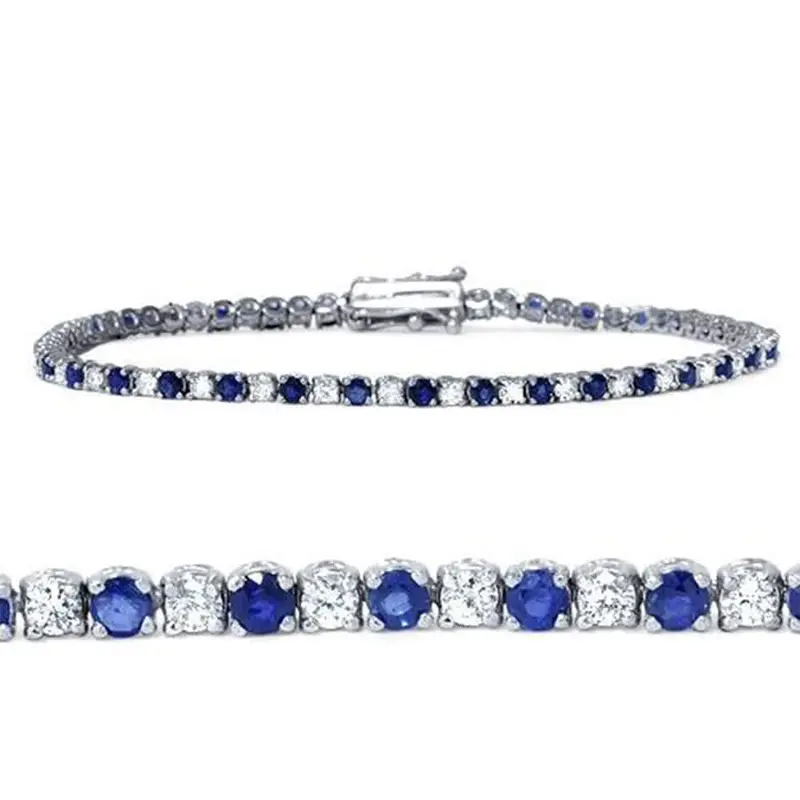 3Ct Blue Sapphire & Diamond Genuine Tennis Bracelet 14K White Gold 1
