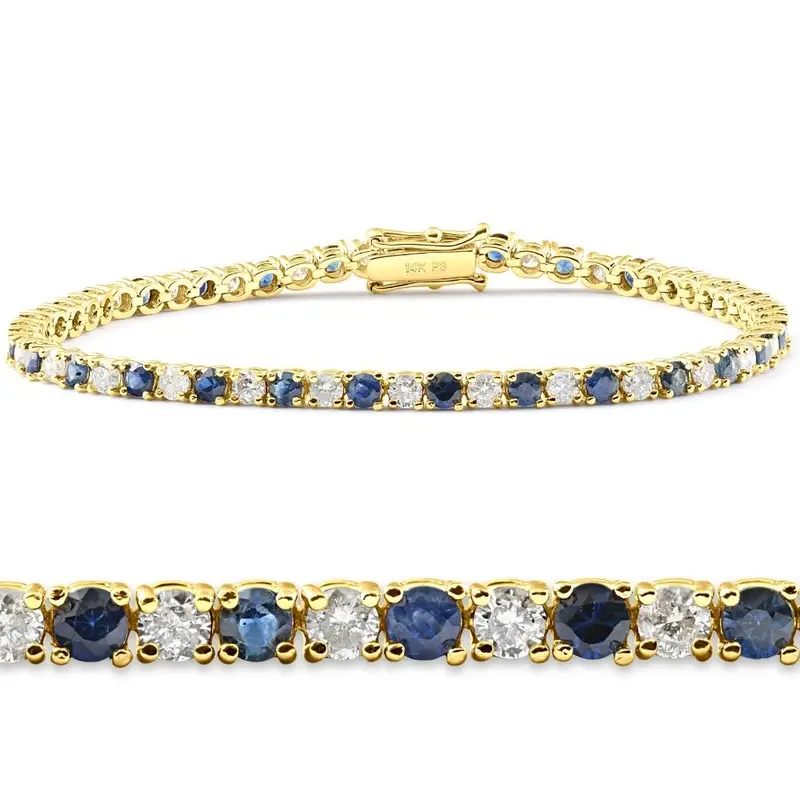 3Ct Blue Sapphire & Diamond Tennis Bracelet 14K Yellow Gold 7" 1
