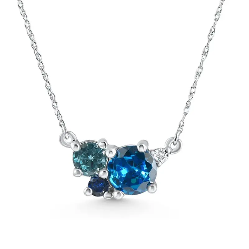 3Ct Blue Sapphire Topaz Aquamarine Diamond Pendant Necklace 14K Gold Lab Grown 1