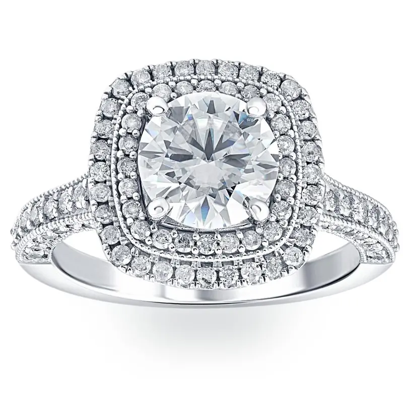 3Ct Diamond & Moissanite Cushion Halo Engagement Ring In White Or Yellow Gold 1