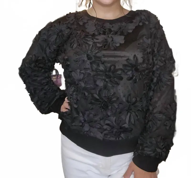 3D Floral Knit Sweater W/ Rib Trim In Black 1