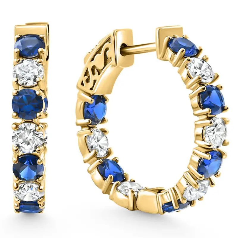 4 1/2Ct Blue Sapphire & Diamond Hoops White Or Yellow Gold Lab Grown 1" Tall 1