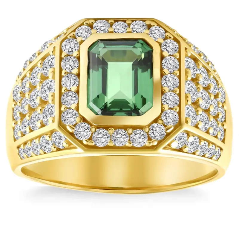 4 1/2Ct Emerald & Diamond Men's Ring 10K Yellow Gold Lab Grown 1