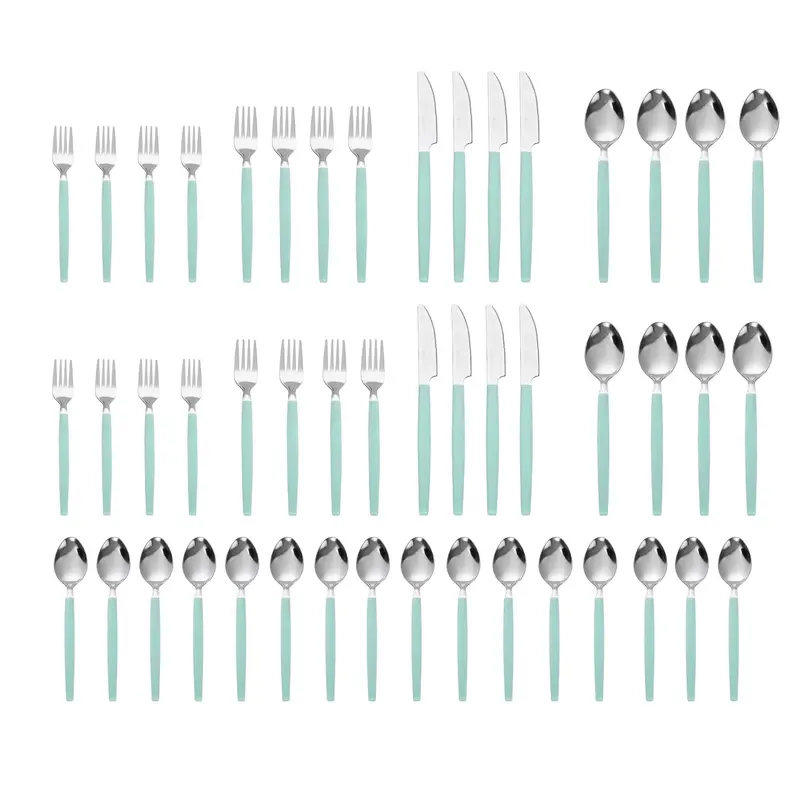 49 Piece Stainless Steel And Plastic Flatware Set With Tray, Teal Blue, Service For 8 1