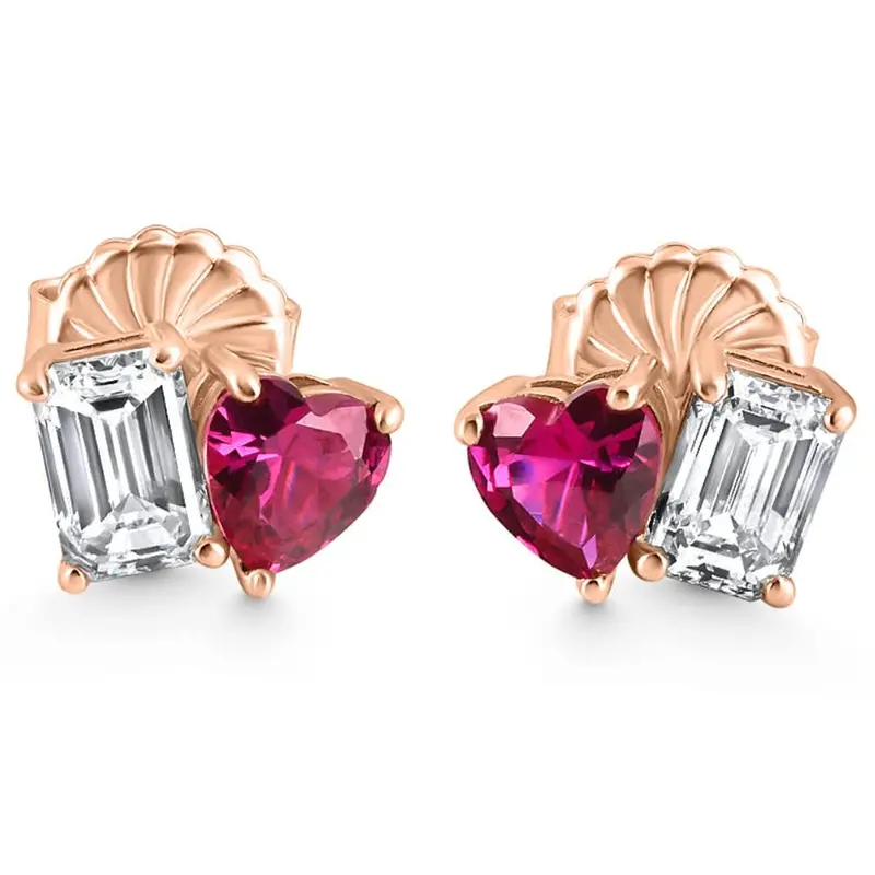 4Ct Toi Et Moi Emerald Diamond & Ruby Heart Studs 14K Gold Lab Grown 1