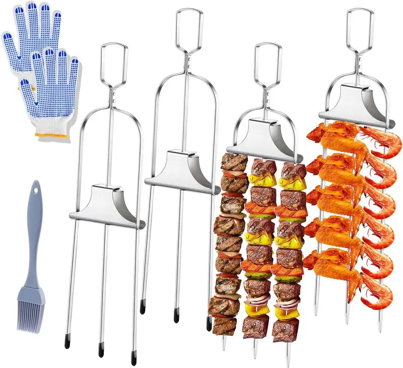 4Pcs Kabob Skewers For Grilling, 14'' Stainless Steel Kebab Skewers, 3 Prong Metal Grill Skewer With Push Bar Slider, Skewer Sticks For Meat Veggies Fruits Marshmallows, Bbq Barbecue Accessories 1