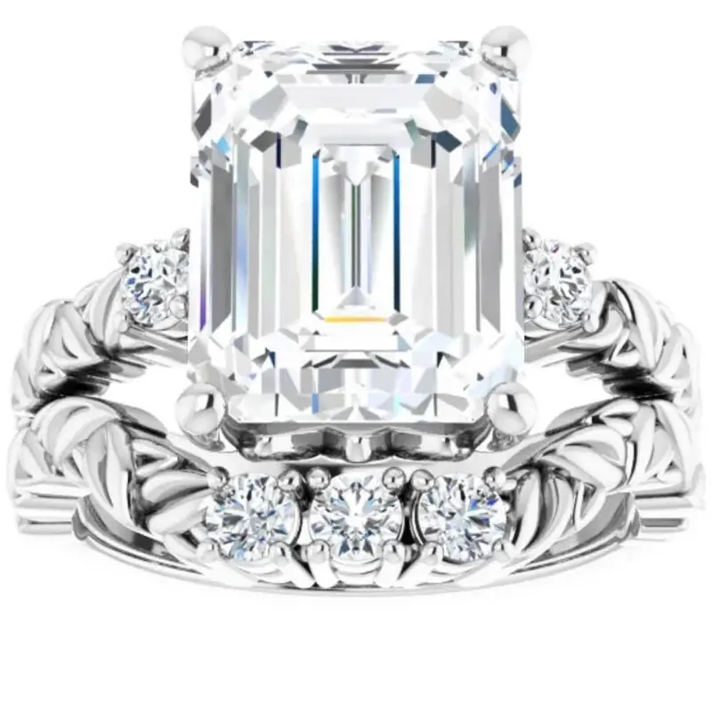 5 1/2 Ct Diamond & Emerald Cut Moissanite Petite Leaf Engagement Set In 10K Gold 1