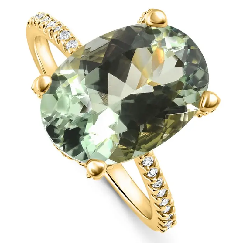 5 3/4Ct Oval Green Amethyst Diamond Side Halo Ring 14K Yellow Gold Lab Grown 1