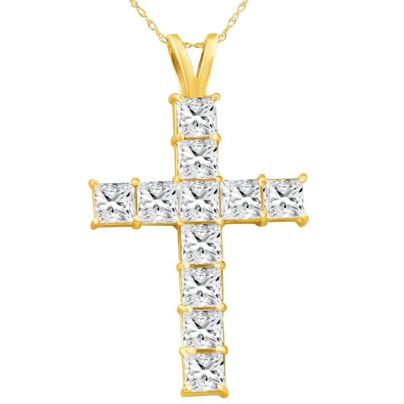 5.80Ct Princess Cut Diamond Cross Pendant 14K Gold Necklace Lab Grown 1 1/2" 1