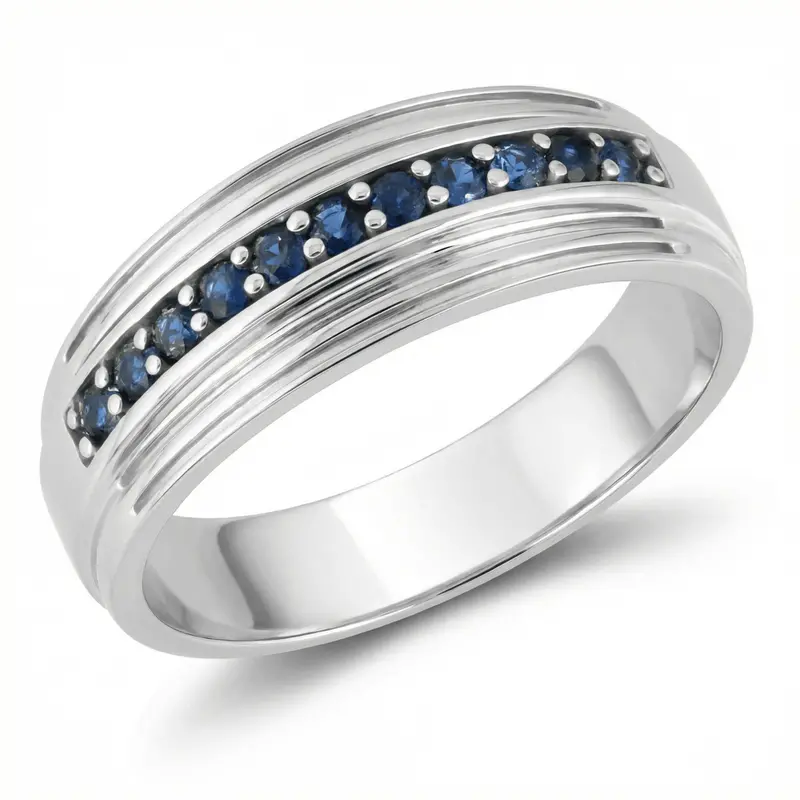 5/8Ct Blue Sapphire Band Men's Wedding Ring In White, Yellow, Or Rose Gold 1