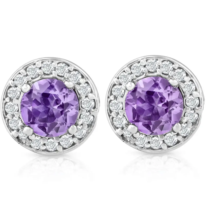 5/8Ct Halo Diamond Amethyst Studs 14K White Gold 1