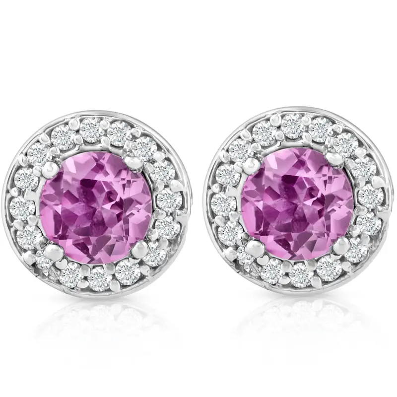 5/8Ct Halo Diamond Pink Sapphire Studs 14K White Gold 1
