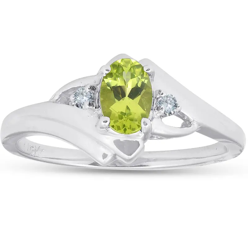 5/8Ct Oval Peridot & Diamond Ring 14K White Gold Size Selectable 1