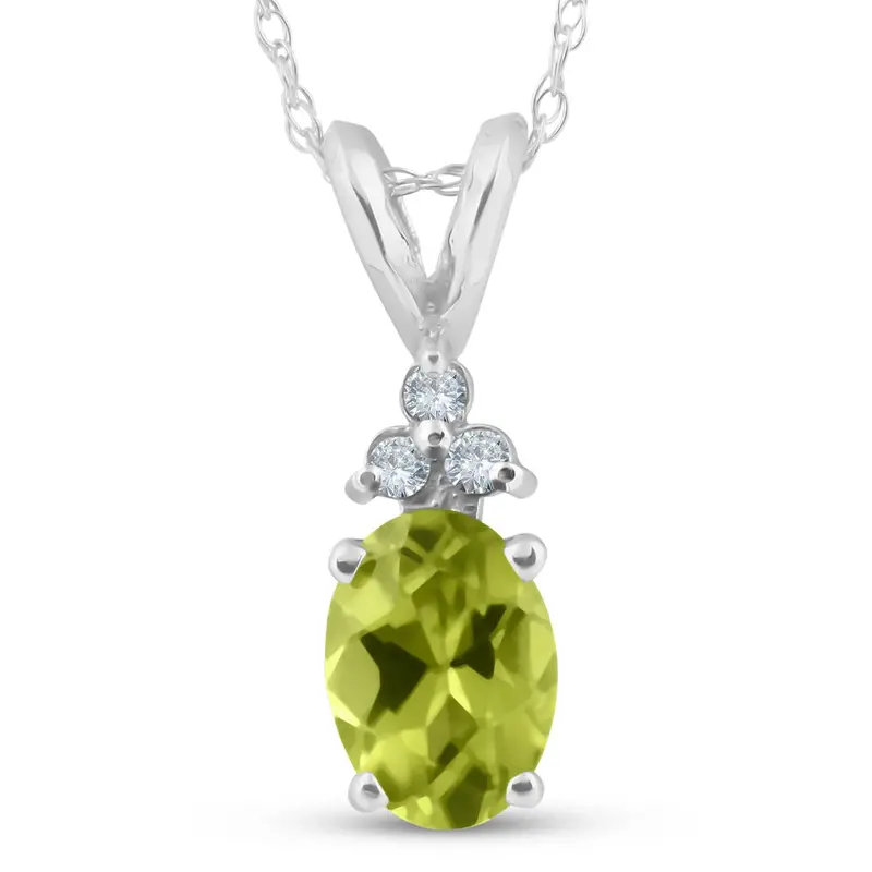 5/8Ct Oval Peridot & Diamond Solitaire Pendant 14K White Gold With 18" Chain 1