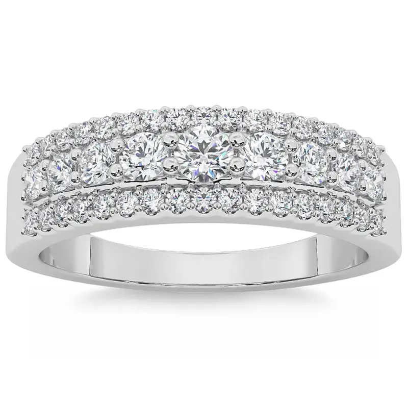 5/8Ct Pave 3-Row Diamond Wedding Ring Stackable Band 14K Gold Lab Grown 1