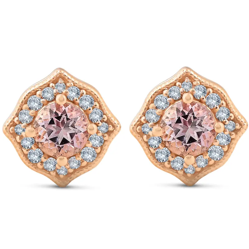 5/8Ct Pink Topaz & Diamond Vintage Halo Studs 14K Rose Gold 1