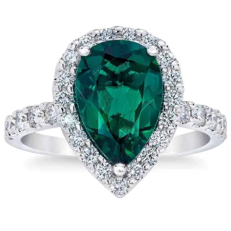 5Ct Pear Shape Emerald & Lab Grown Diamond Halo Ring In 10K White Gold 1