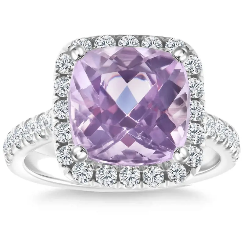 6 1/4Ct Cushion Pink Kunzite & Diamond Halo Ring 14K Gold Lab Grown 1