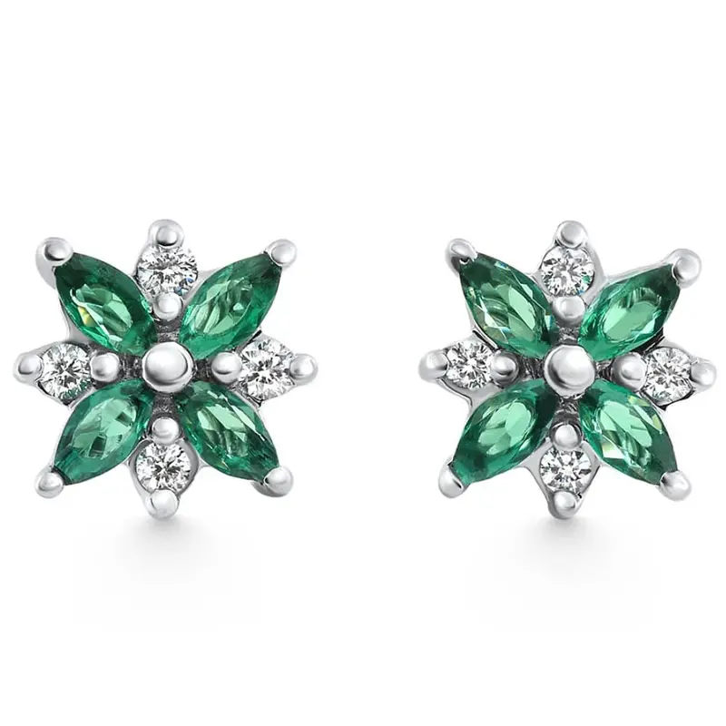 .60Ct Petal Green Emerald Diamond Earrings 14K White Gold Lab Grown Studs 1