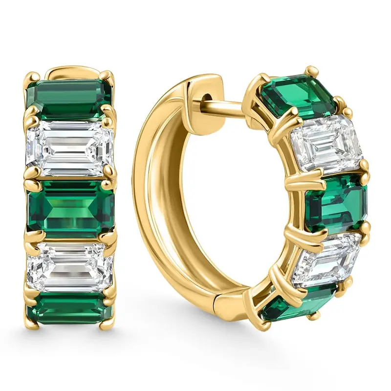 6Ct Emerald & Diamond Hoops 14K Yellow Gold Lab Grown 3/4" Tall 1