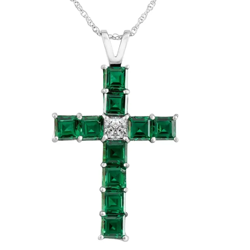 6Ct Tw Princess Cut Diamond & Emerald Cross Pendant Necklace Gold Lab Grown 1