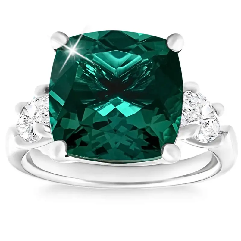 7.55Ct Green Cushion Emerald & Marquise Three Stone Ring 14K Gold Lab Grown 1