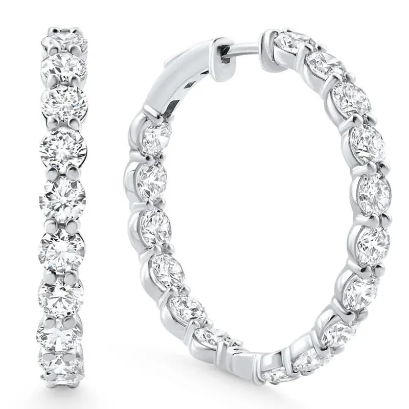 7Ct Tw Round Diamond Inside Outside Hoops Vault Lock 14K White Gold Lab Grown Size: 1" Tall 1