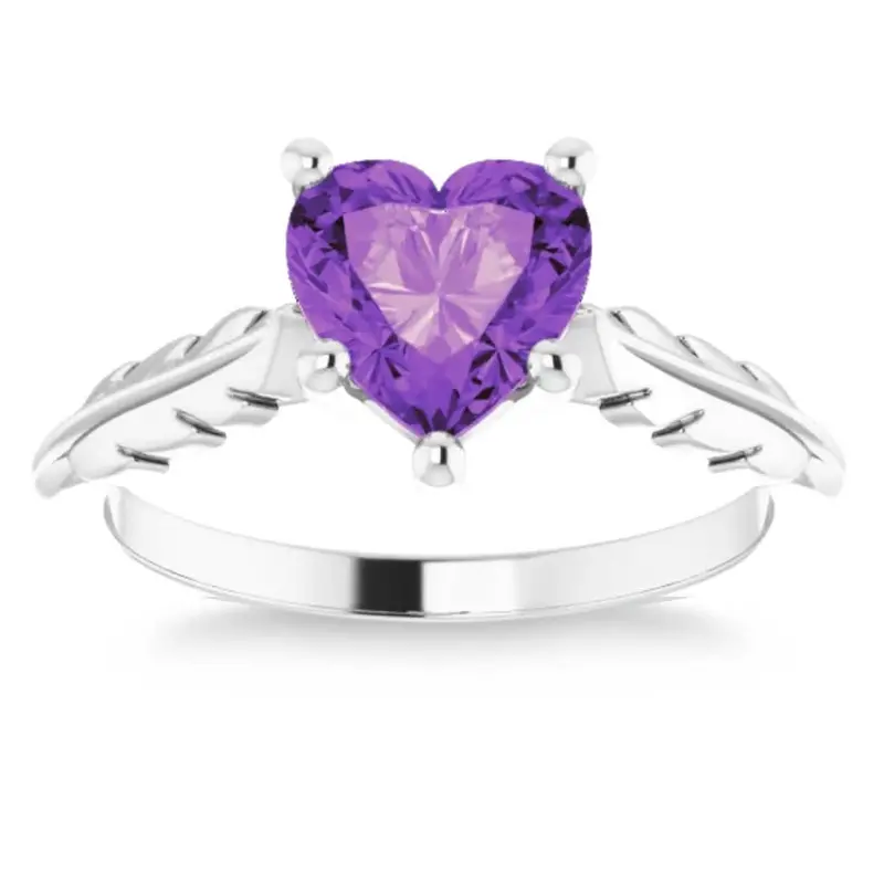 7Mm Amethyst Solitaire Heart Shape Leaf Accent Ring In 14K White Or Yellow Gold 1