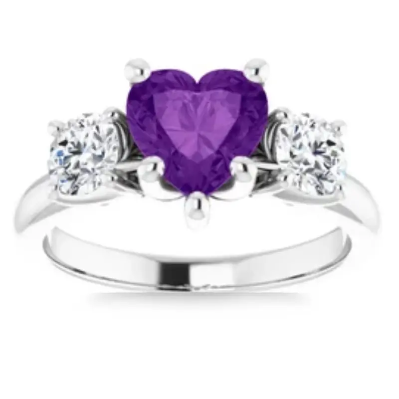7Mm Amethyst Three-Stone Diamond Heart Shape Ring In 14K White Or Yellow Gold 1