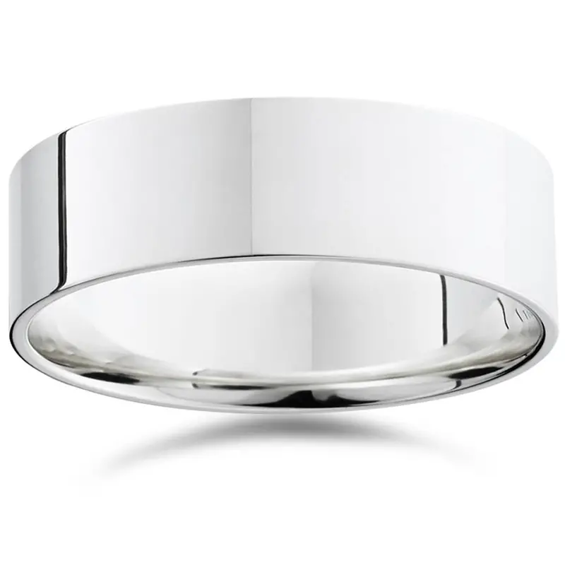 7Mm Flat High Polished Wedding Band 10K White Gold Plain Mens Ring Comfort Fit Size Selectable 1