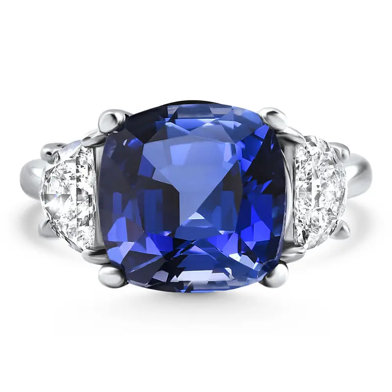 8.50Ct Tw Cushion Blue Sapphire & Diamond 3-Stone Ring 14K White Gold Lab Grown 1