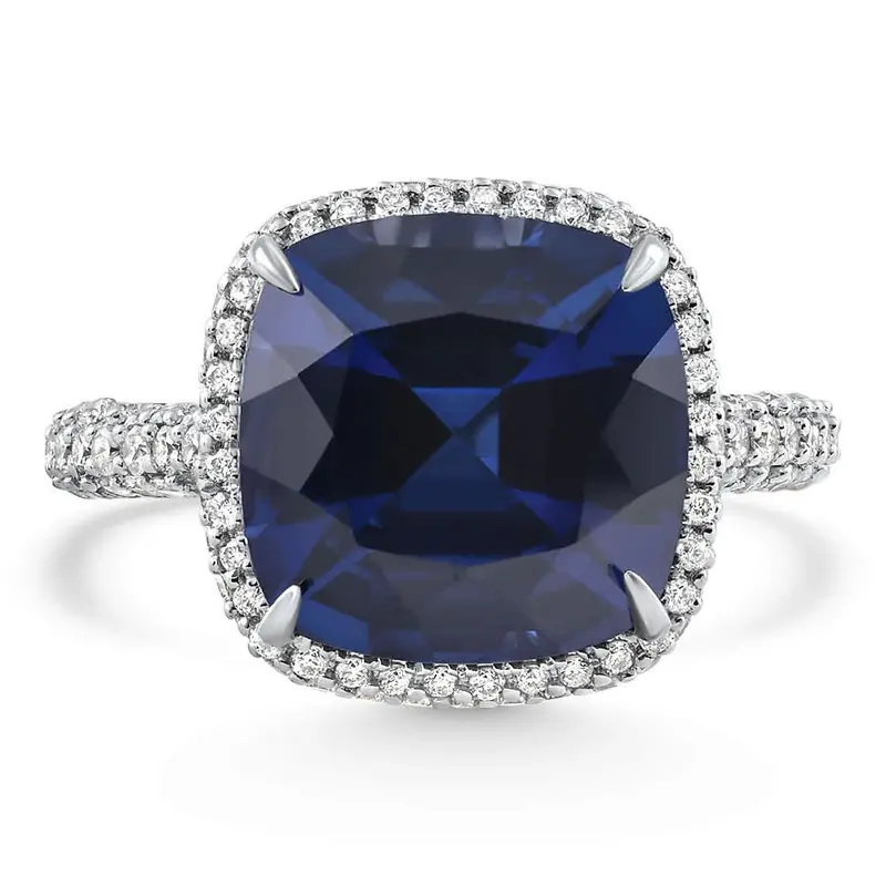 8.50Ct Tw Cushion Blue Sapphire & Pave Diamond Ring 14K White Gold Lab Grown Size: 6 1