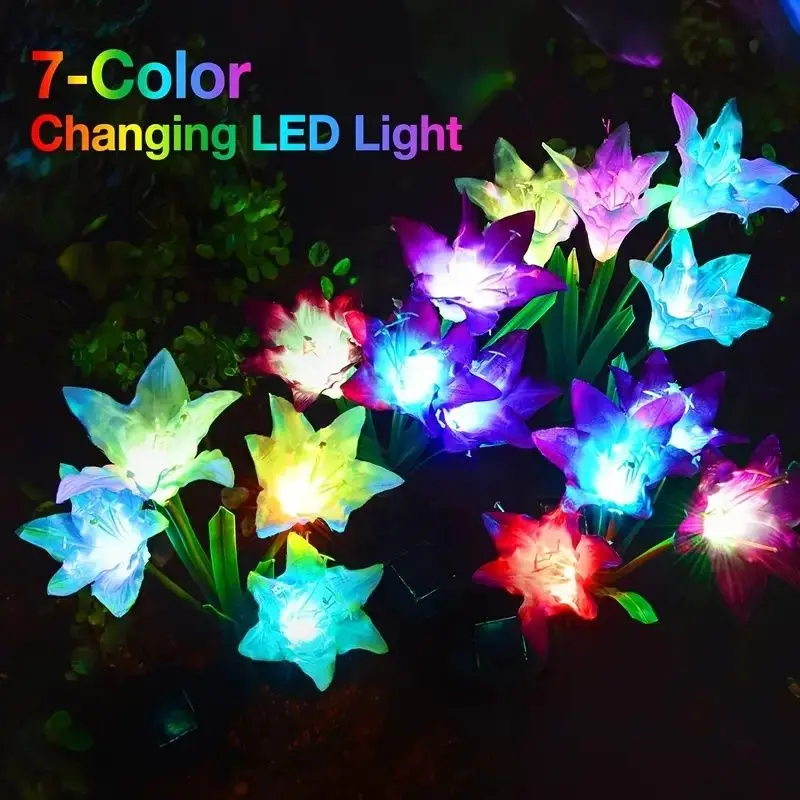 8 Pack Solar Lights With 16 Bigger Artificial Lily Flowers, Multi-Color Changing Lights, Solar Garden Decor Lights For Patio Yard Lawn Pathway (Pink+Purple+White+Blue) 1