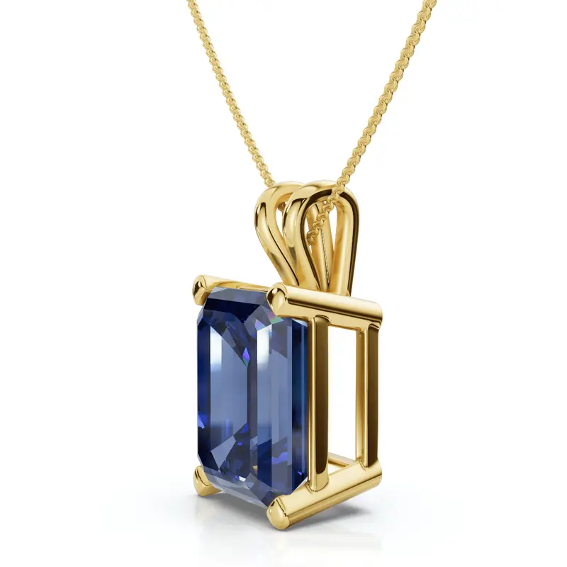 8Ct Emerald Cut Blue Sapphire Pendant 14K Gold 18" Necklace 1/2" Tall Lab Grown 1